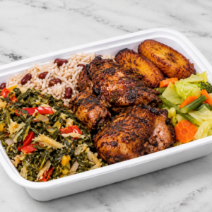 #5 JERK CHICKEN + CALLALOO & SALTFISH